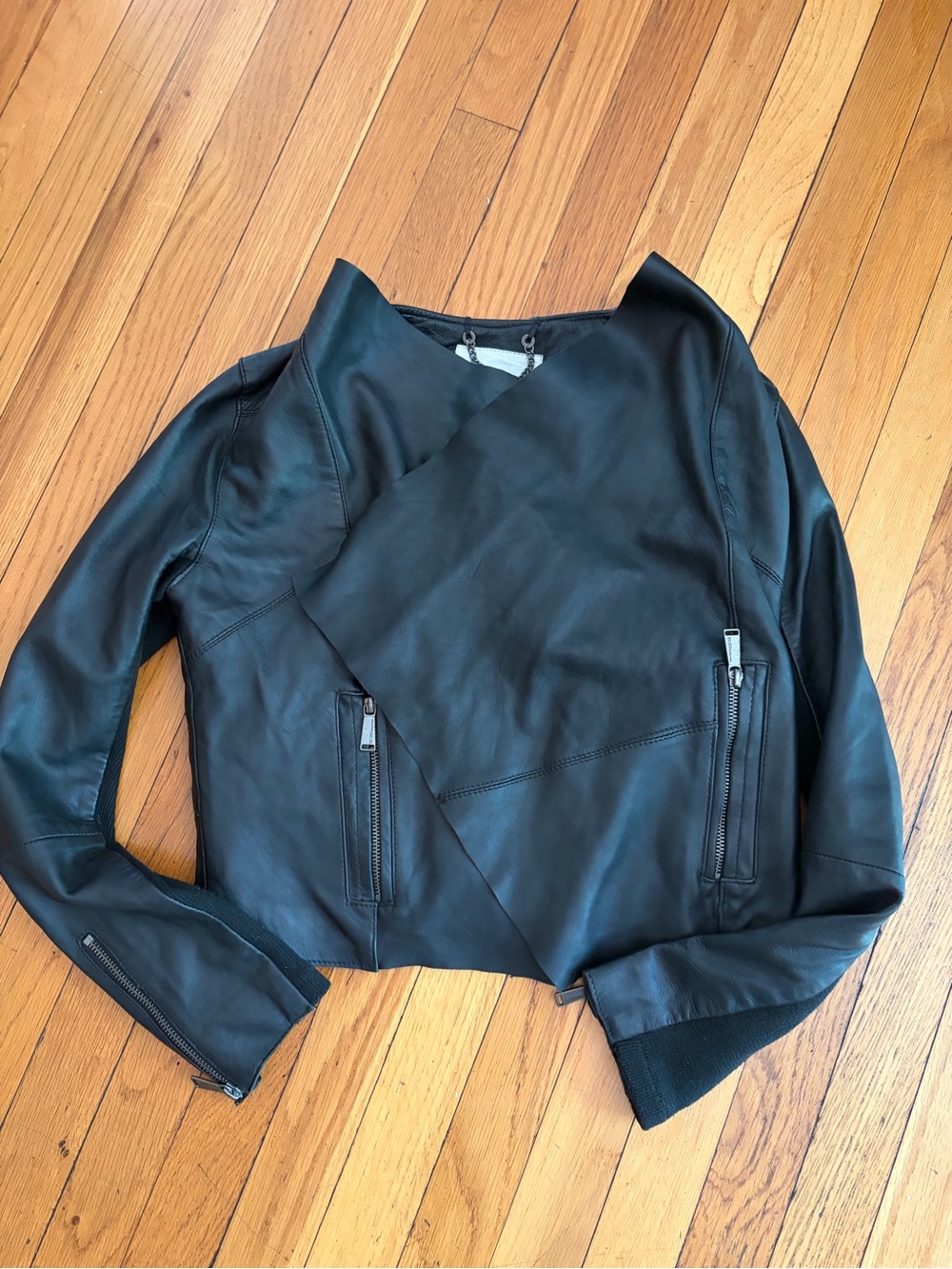 BCBGeneration Black Leather Asymmetrical Women’s Jacket Wrap / Drape Front Sz S.